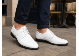 Pantofi Derby bărbați albi din piele naturală, eleganți casual – GKR103AB